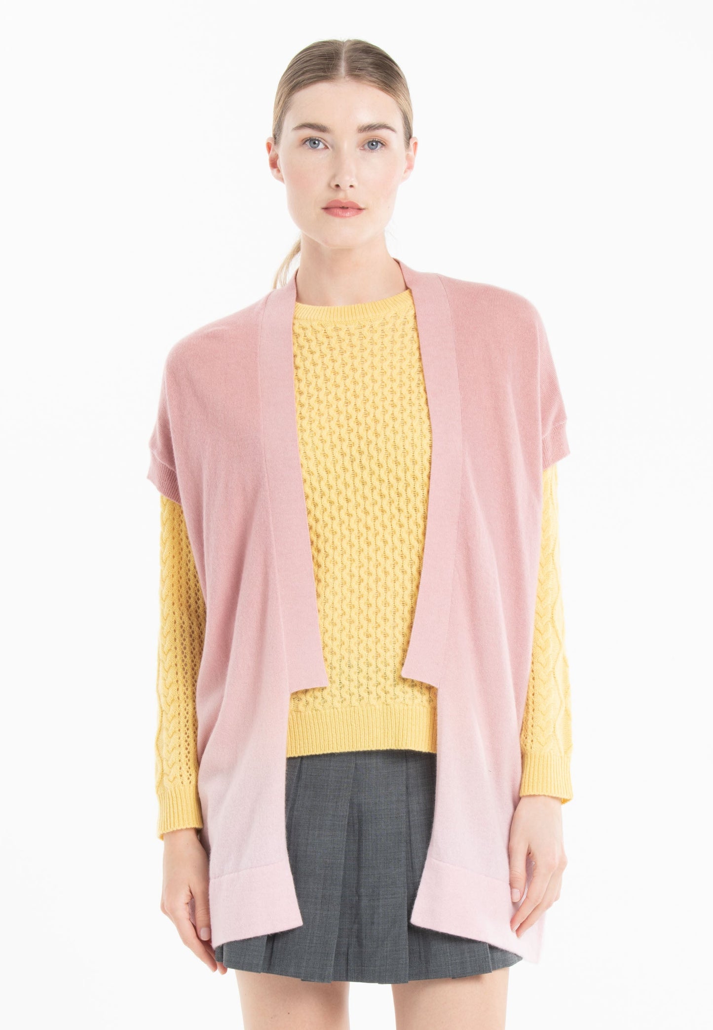 Gilet à manches courtes femme en cachemire tye & dye rose baby & rose nude - AVA 11B