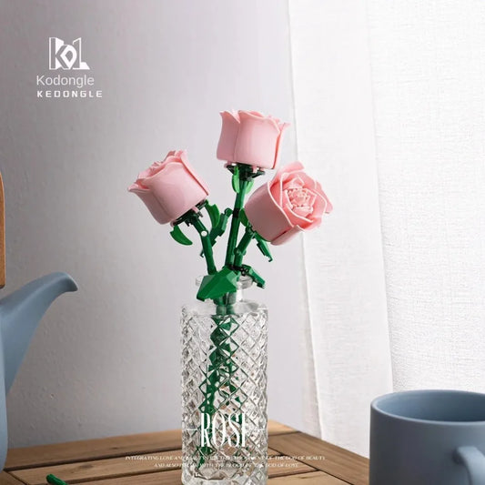 Bouquet de roses romantique, bloc de construction, modèle éternel, assemblage de plantes en plastique, brique, décoration de maison, cadeau d'anniversaire pour la fête des mères