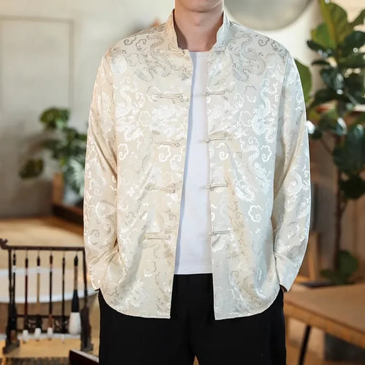 2025 Hommes Blanc Satin Col Mandarin Chemises En Soie Col Robe Chinoise Chemise Grande Taille avec Dragon Rouge Nouvel An Vêtements Surdimensionné