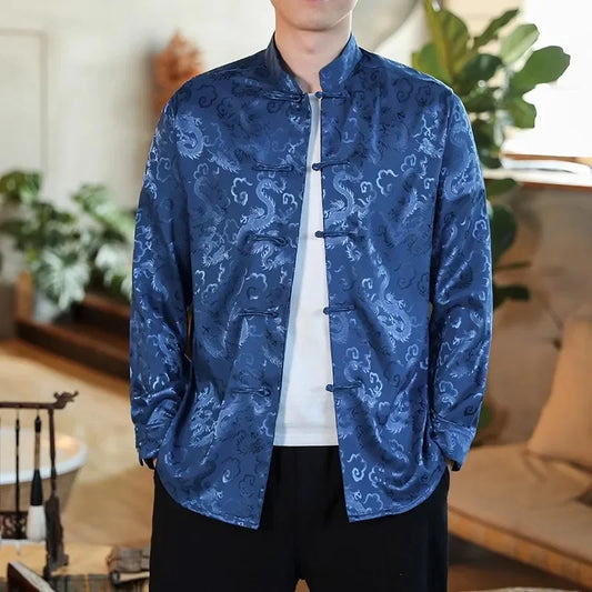 2025 Hommes Blanc Satin Col Mandarin Chemises En Soie Col Robe Chinoise Chemise Grande Taille avec Dragon Rouge Nouvel An Vêtements Surdimensionné