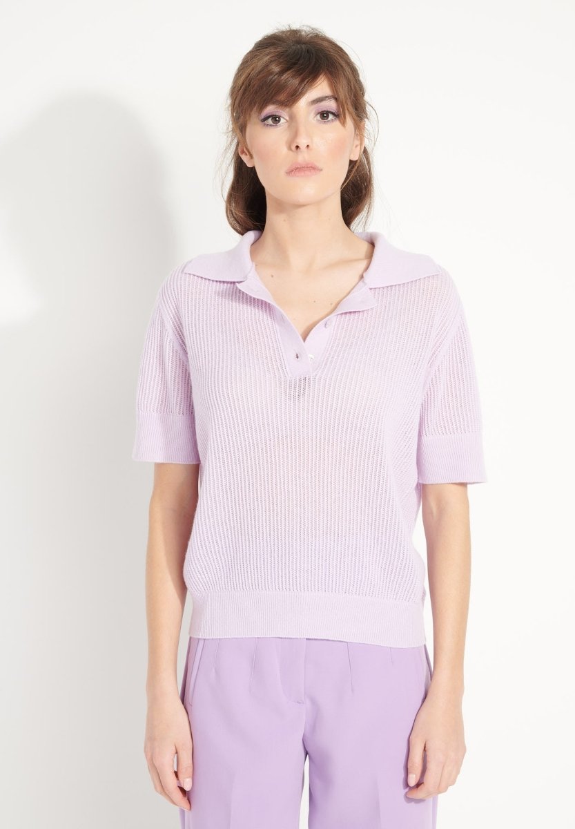 Polo manches courtes femme en cachemire ajouré lilas  - AVA 1