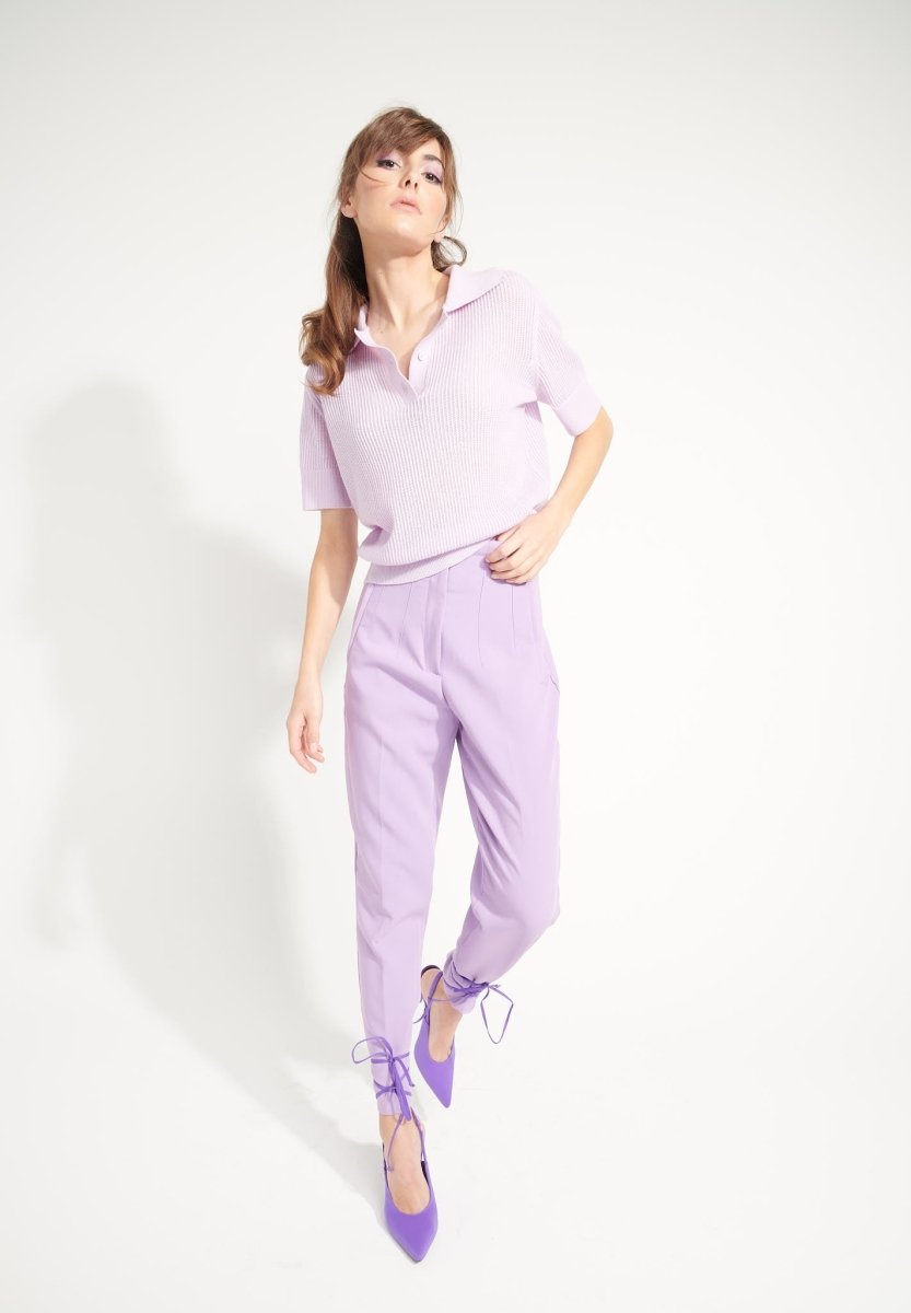 Polo manches courtes femme en cachemire ajouré lilas  - AVA 1