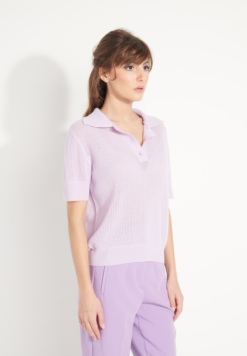 Polo manches courtes femme en cachemire ajouré lilas  - AVA 1