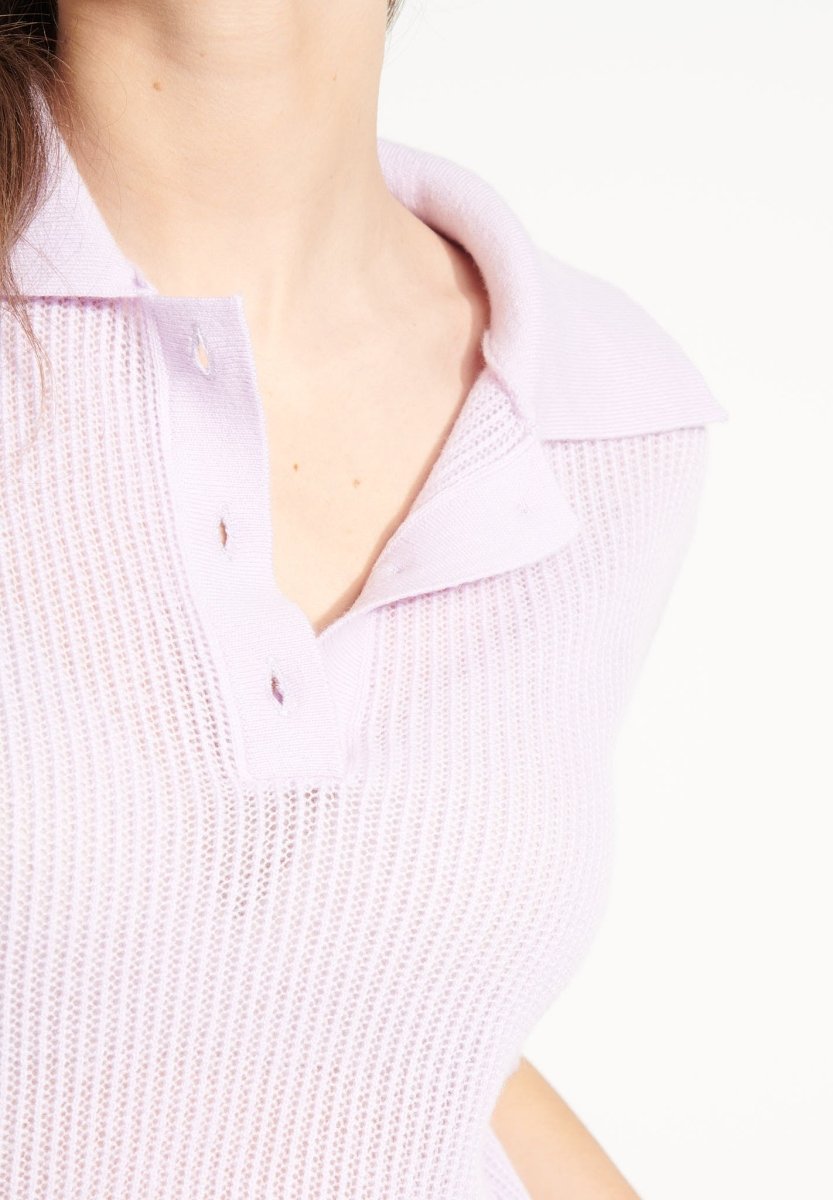 Polo manches courtes femme en cachemire ajouré lilas  - AVA 1