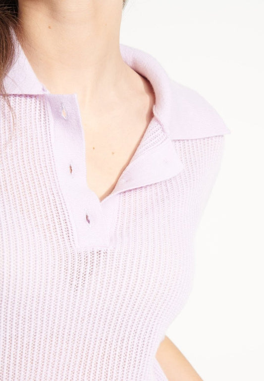 Polo manches courtes femme en cachemire ajouré lilas  - AVA 1