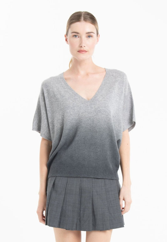 Pull col V manches chauve souris femme en cachemire tie & dye gris clair & gris anthracite - RIA 7B